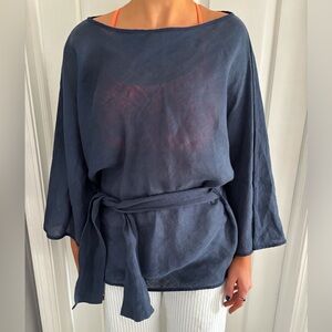 Puro Lino Made in Italy blue belted blouse